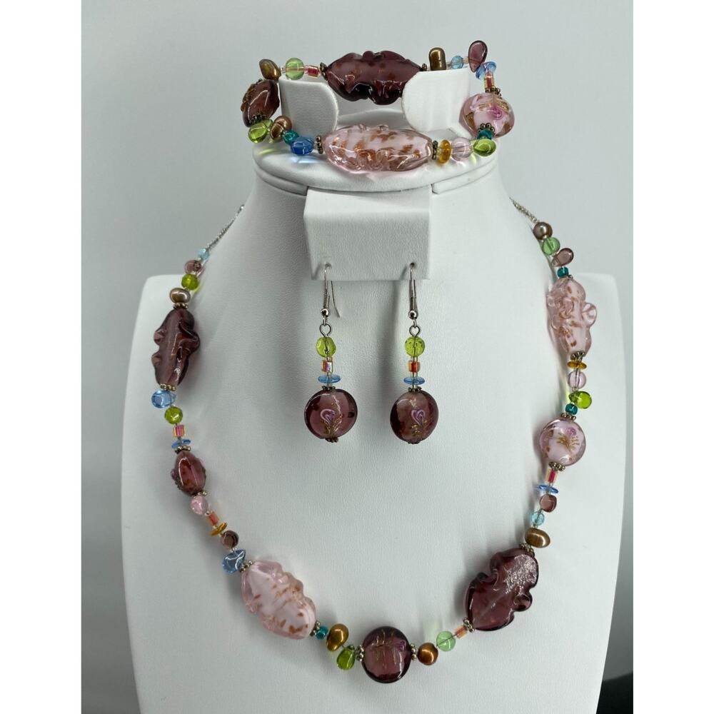 Necklace Bracelet & Earrings Pearls w/ Venetian Lampworked Glass Jewelry‎ Set